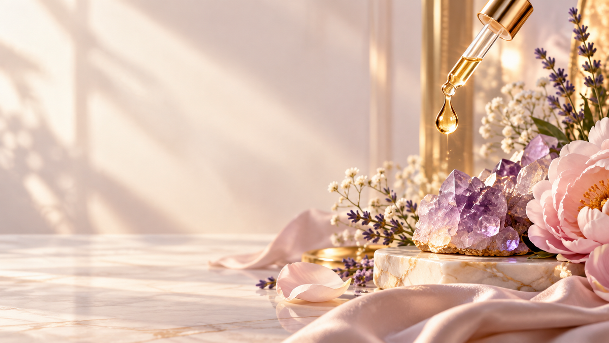 Crystal Reign Essence luxury hair and body oils hero with amethyst crystals, flowers, and golden oil dropper