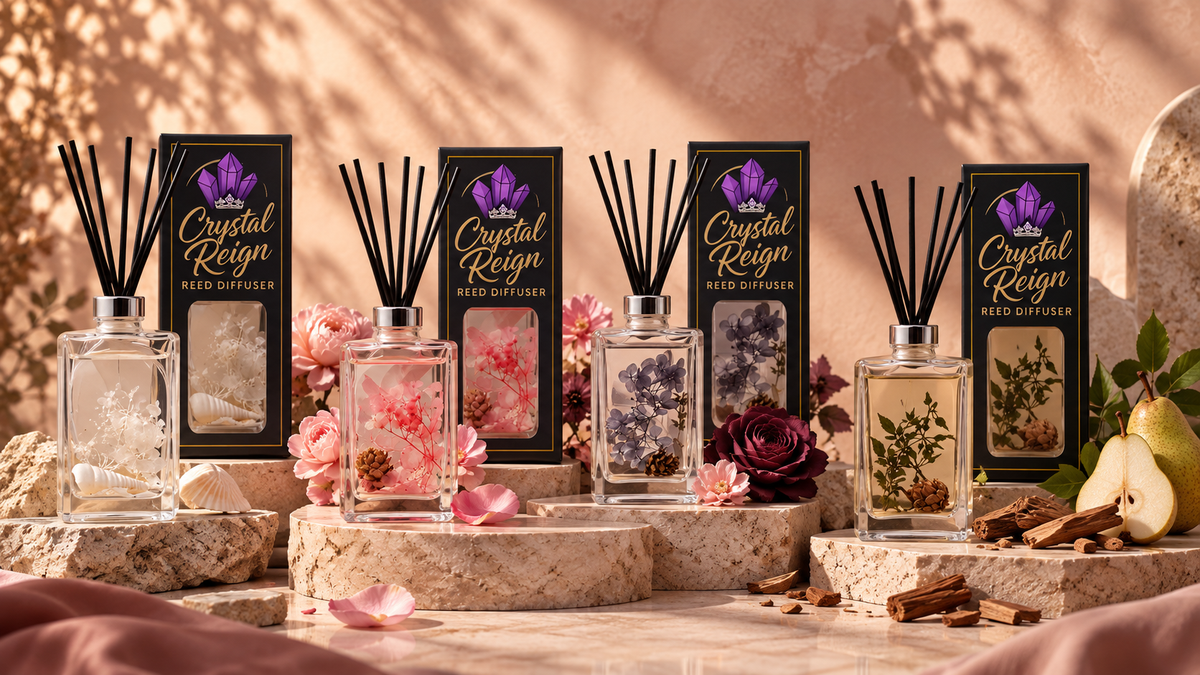 Crystal Reign reed diffuser collection featuring floral, pear, and sandalwood scent directions