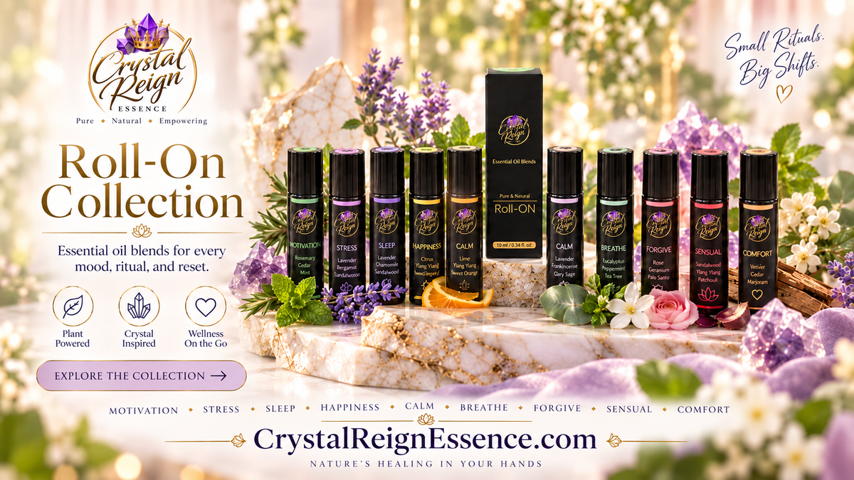 Crystal Reign Roll-On Collection with essential oil rollers, botanicals, and amethyst crystals
